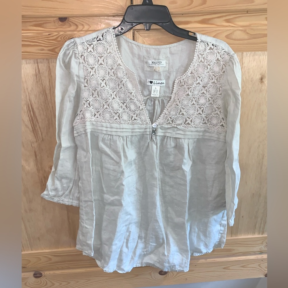Melvin Hamburg-Germany crochet front minimalist linen shirt top size L